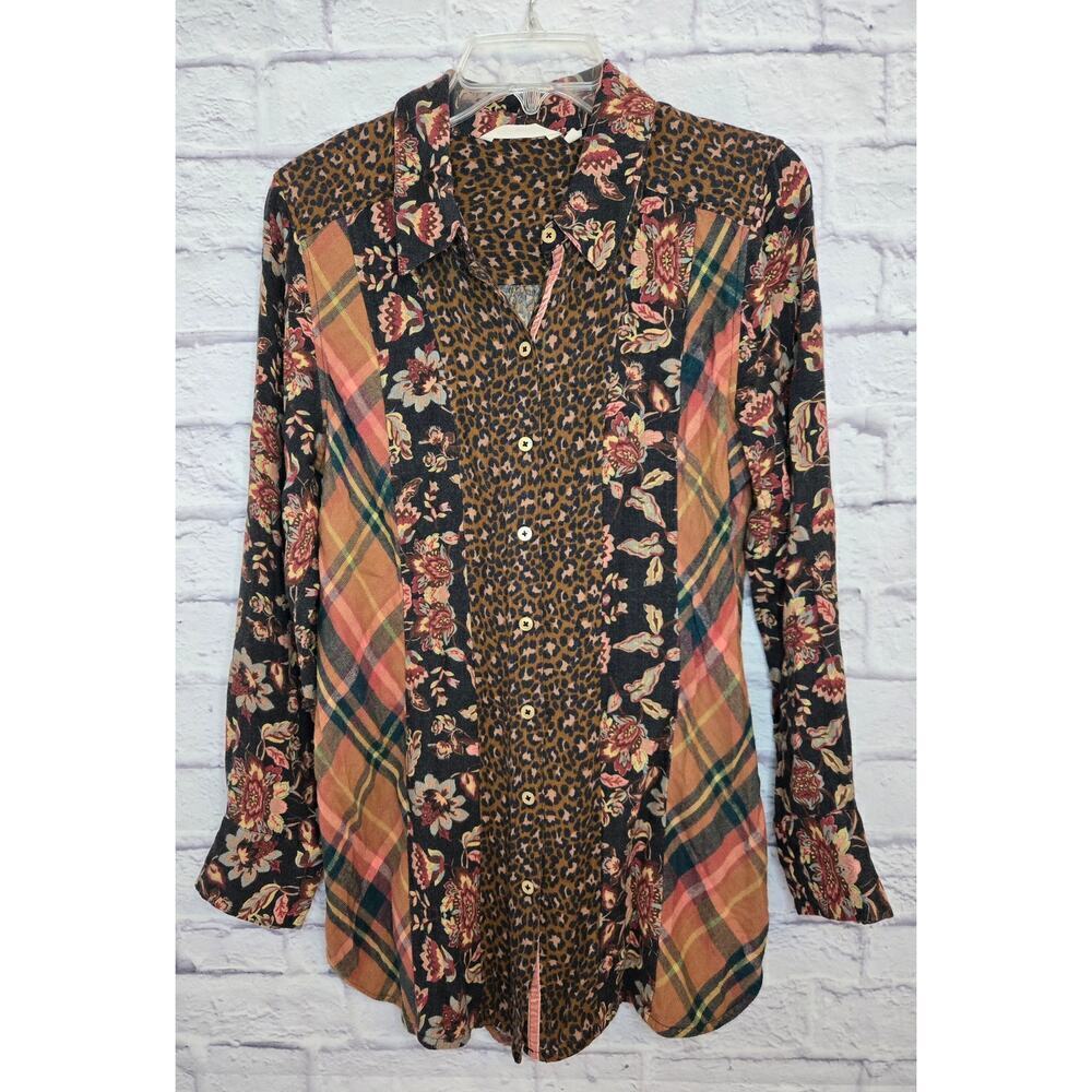 Soft Surroundings small boho animal print, floral, plaid button up blouse. - Picture 2 of 9